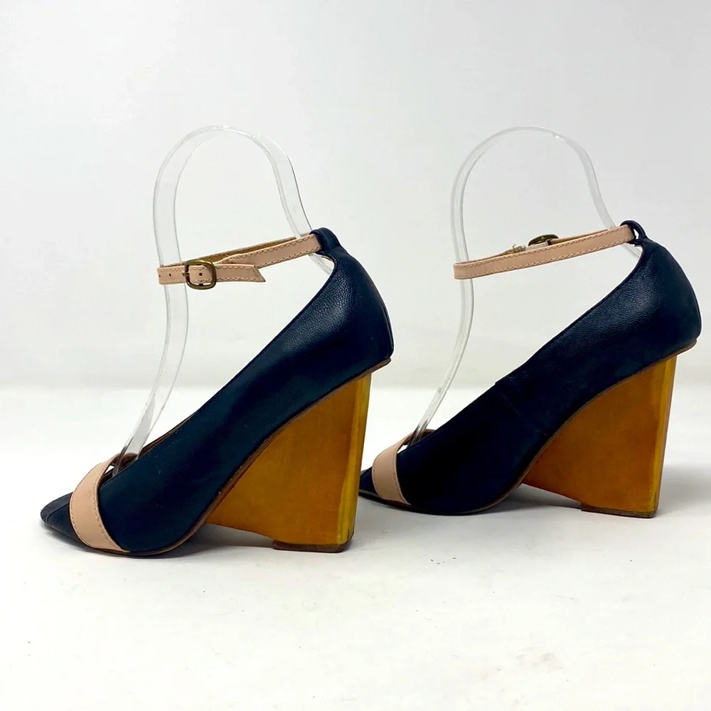 Jeffrey Campbell Havana Last Wedge Heels Navy Nude Leather Size 5M